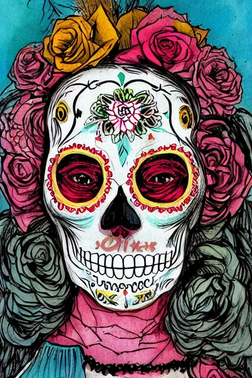 Image similar to illustration of a sugar skull day of the dead girl, art by ralph steadman