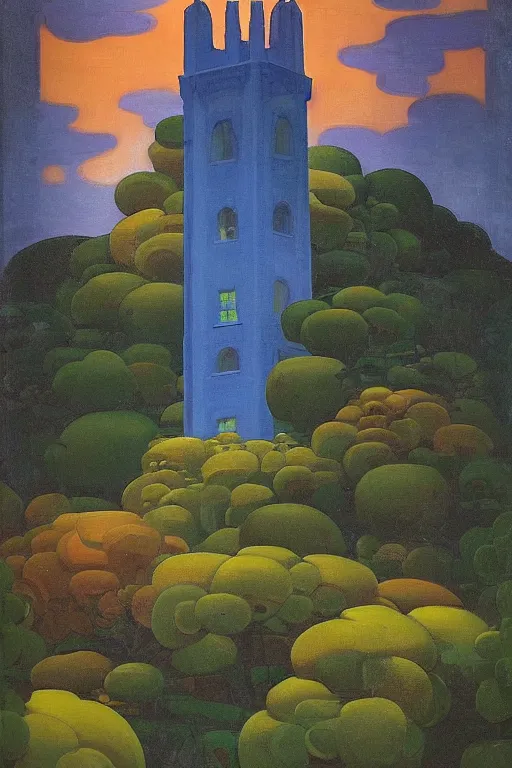 Prompt: view of the mysterious blue tower in its gardens after a storm, tall windows lit up, beautiful ornament, dramatic cinematic lighting, rich colors, by Nicholas Roerich and Ludwig Deutsch and April Gornik and Sylvain Sarrailh