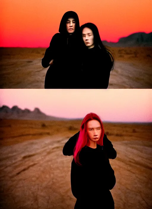 Prompt: cinestill 5 0 d photographic portrait of two loving clones, women wearing rugged black techwear on a desolate plain with a red sky, closeup, diverse species, cyberpunk, in front of a brutalist dark metal facility, dust storm, 3 5 mm, 8 k, depth of field, high resolution