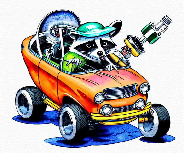 Prompt: cute and funny, racoon wearing a helmet riding in a tiny hot rod coupe with oversized engine, ratfink style by ed roth, centered award winning watercolor pen illustration, isometric illustration by chihiro iwasaki, edited by range murata