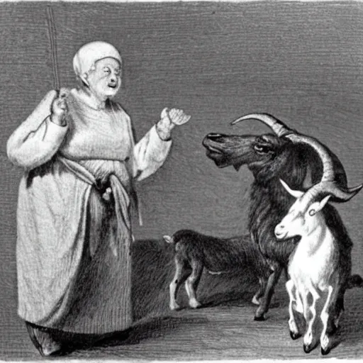 Prompt: a bizarre image of an old woman opening her throat and a goat walking into it