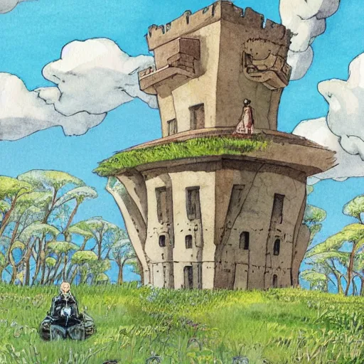 Image similar to laputa castle in the sky robot hayao miyazaki stands in a small clearing among trees, watercolor illustration for a book