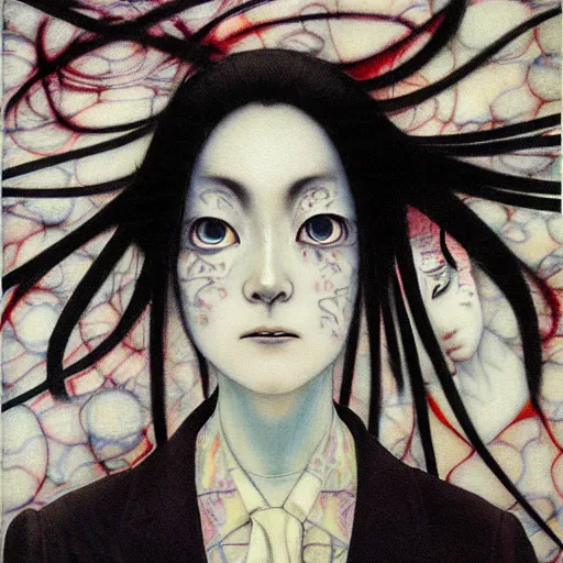 Image similar to yoshitaka amano blurred and dreamy realistic portrait of a woman with black eyes and white hair wearing dress suit with tie, junji ito abstract patterns in the background, satoshi kon anime, noisy film grain effect, highly detailed, renaissance oil painting, weird portrait angle, blurred lost edges, three quarter view