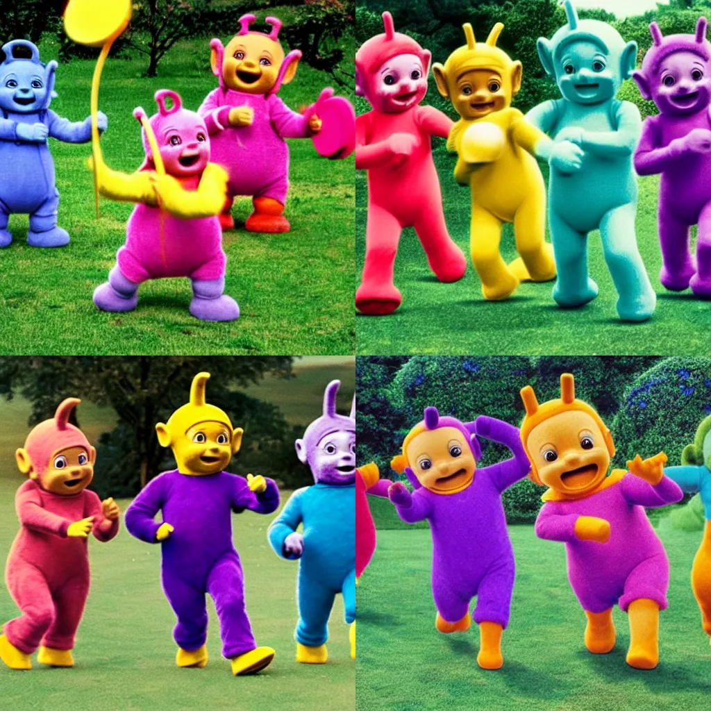 Prompt: teletubbies playing ultimate frisbee