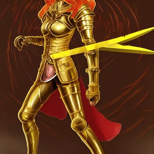 Prompt: a tall, red - haired female knight wearing golden armor and a right golden prosthetic arm, longer than her left arm. she wields a long golden blade