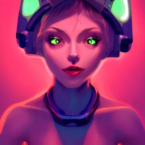 Image similar to portrait of a cute young woman with robot ears and eyes, 4k, sharp focus, neon colored fluorescent lighting, Andreas Rocha