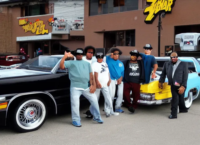 Prompt: nwa in front of a lowrider made by lego