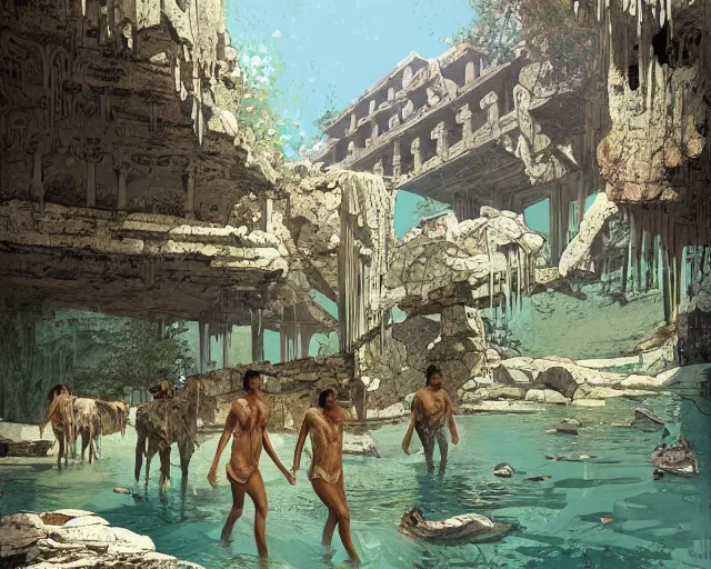 Prompt: a herd of centuars walking by abandoned greek architecture in shallow water, in a cave by the water, digital art, illustrated by james gurney and victo ngai