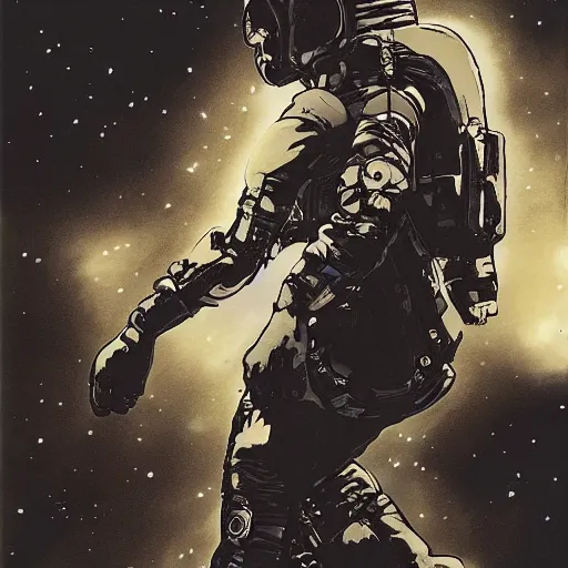 Image similar to Astronaut from Death Stranding flying over graveyard at night, by Yoji Shinkawa