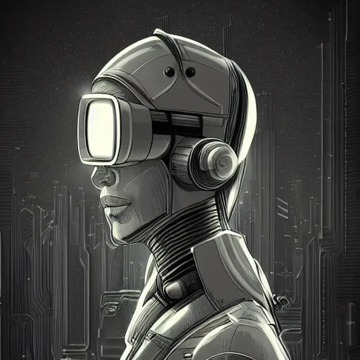 Image similar to retro vintage sci - fi, cyborg robot wearing vr headset, 3 d illutration, profile portrait, night, detailed, cyberpunk style, character, ai, detailed,