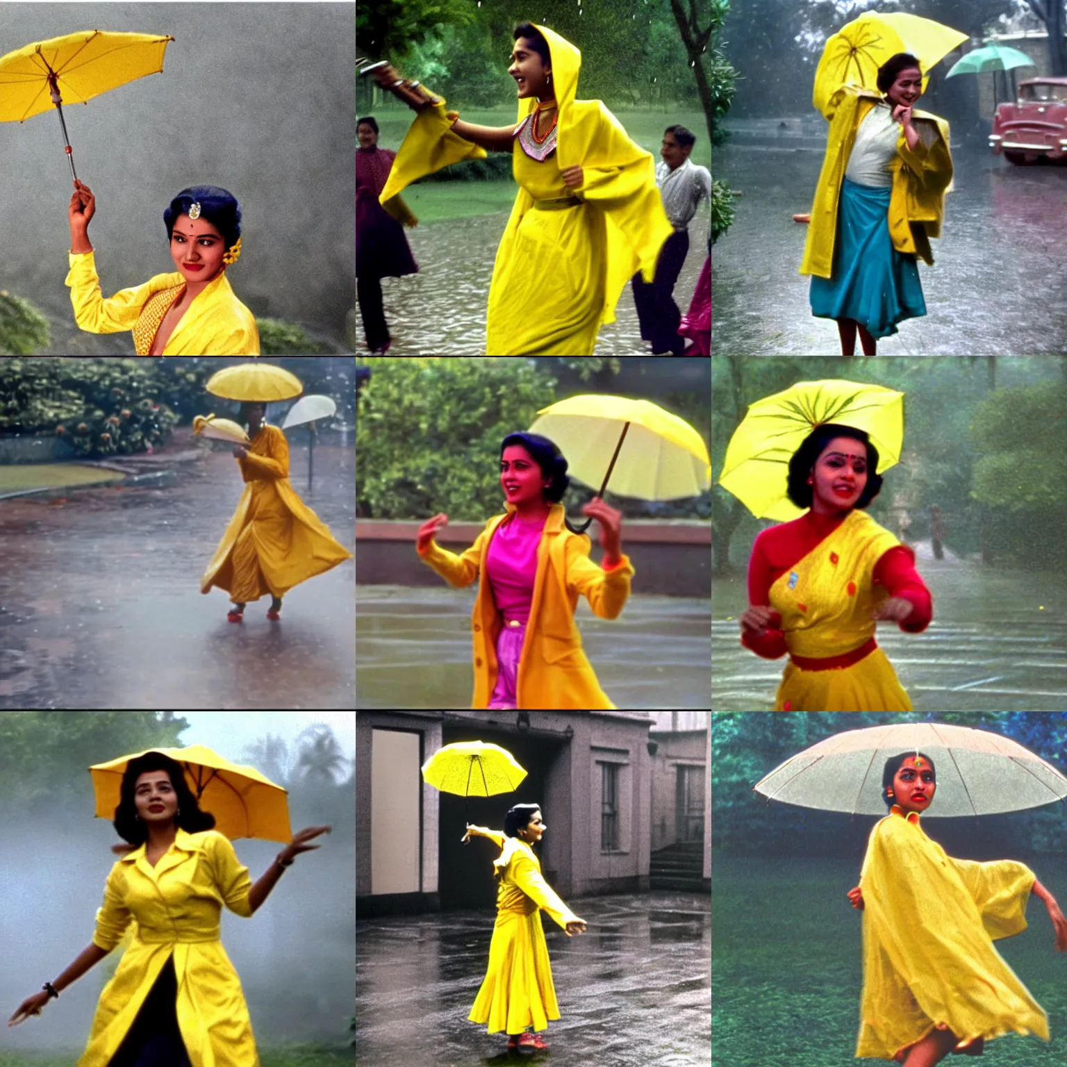 Prompt: A young Indian woman dancing in the rain, wearing a yellow raincoat and holding an umbrella, coloured film still from 'Singin' in the Rain' (1952)