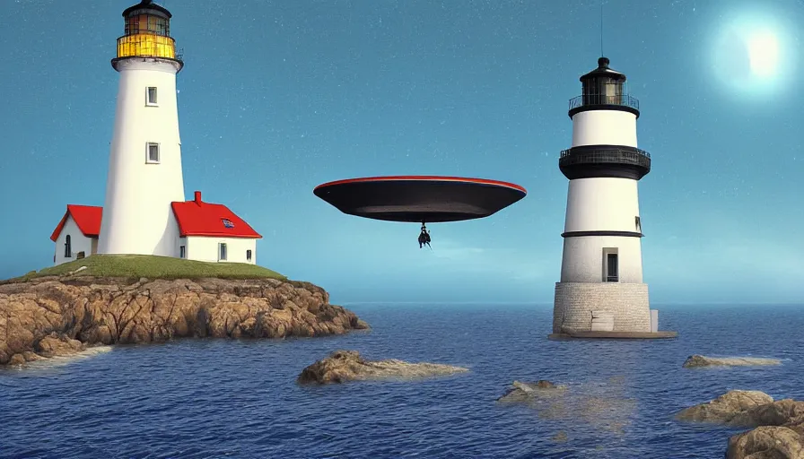 Image similar to a ufo hovers over a lighthouse out at sea, digital art, highly detailed, realistic, bright colors, 8 k