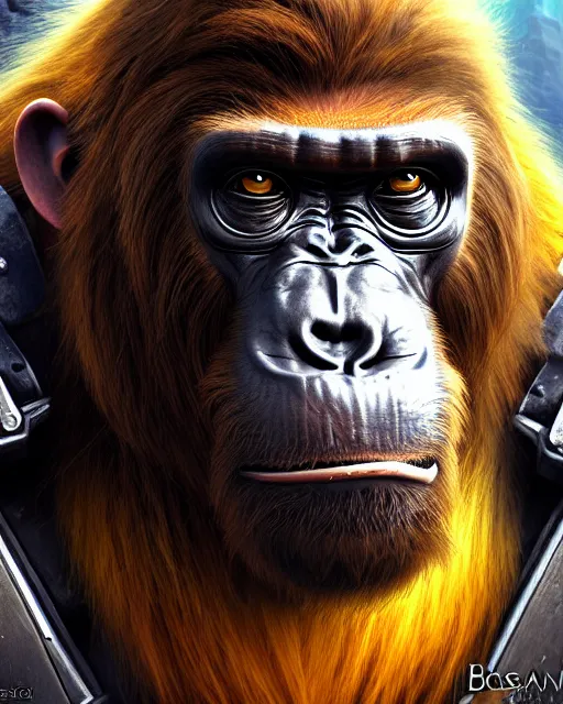 Image similar to winston the ape from overwatch, wearing armor, character portrait, portrait, close up, highly detailed, intricate detail, amazing detail, sharp focus, vintage fantasy art, vintage sci - fi art, radiant light, caustics, by boris vallejo