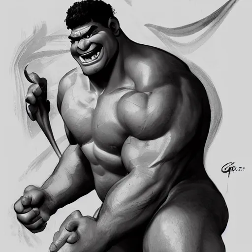 Image similar to black and white muscular shrek has beard, highly detailed, digital painting, artstation, concept art, smooth, sharp focus, illustration, art by artgerm and greg rutkowski and alphonse mucha