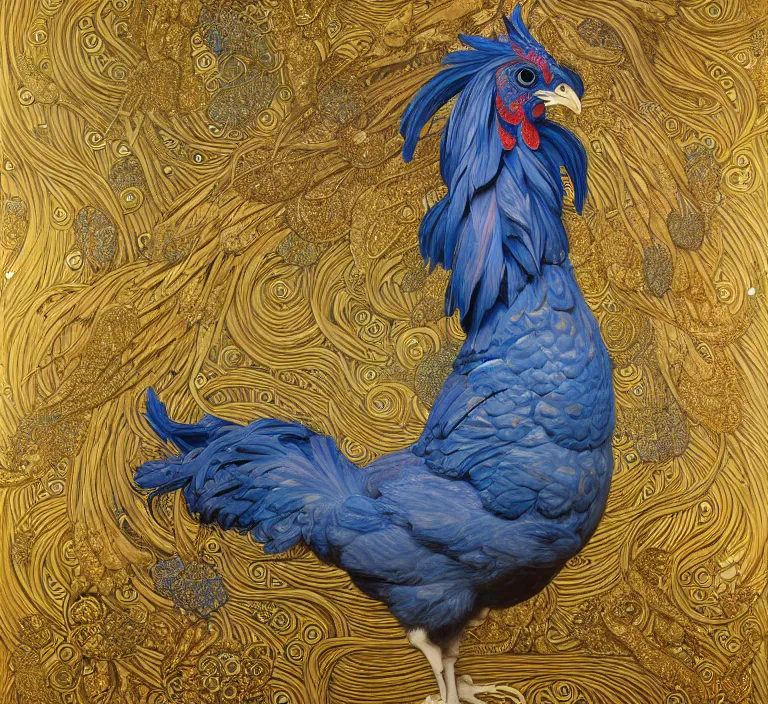 Prompt: beautiful muscular blue chicken hen centered, artwork by james jean, hyper detailed realistic smooth, jean delville, art nouveau, gustav klimt, ornate gothic icon, james jean, ultrasharp hyperdetailed photorealistic octane render