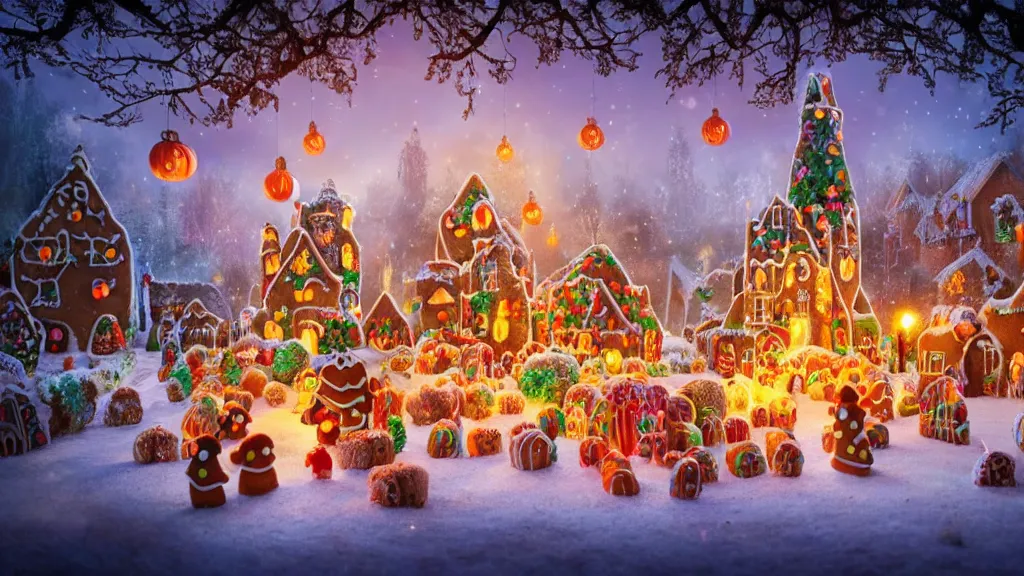 Image similar to gingerbread candy village, cinematic scene, studio lighting, colorful, fantasy, fairytale, intricate, forest, fireflies, flowers, halloween, christmas, hansel and gretel, background blur, bokeh, medium shot, visually stunning, ( matte painting, concept art, trending on artstation, artgerm, cgsociety )