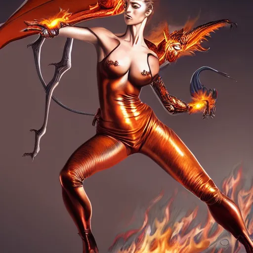 Image similar to a realistic airbrush painting of a nice looking girl with beautiful forms and skin-tight shiny leather leggings fighting a giant, flames spitting dragon with her sword, in style by hajime sorayama and boris vallejo, trending on artstation, 4K