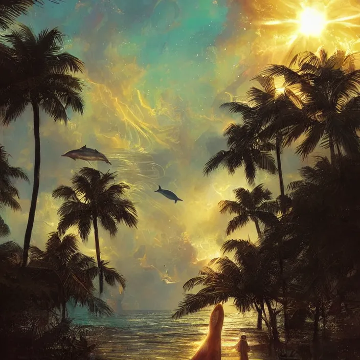 Image similar to dolphins swimming, golden hour, god rays, dreamscape by artgerm and ruan jia and ismail inceoglu and greg olsen, palm trees, cosmos, milky way galaxy, masterpiece, beautiful, intricate, elegant, highly detailed