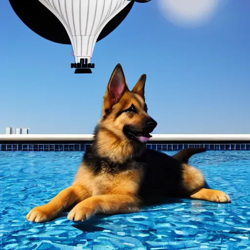 Image similar to a swanky gsd puppy relaxing at the pool on a penthouse rooftop with a futuristic blimp anchor in the background, 8K, 4K, UE5, Octane, 3D, digital art, RTX, Ray Tracing, Bokeh, happeening