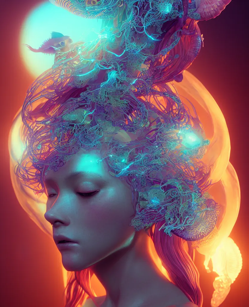 Image similar to goddess close-up portrait. orchid jellyfish phoenix head, nautilus, skull, betta fish, bioluminiscent creatures, intricate artwork by Tooth Wu and wlop and beeple. octane render, trending on artstation, greg rutkowski very coherent symmetrical artwork. cinematic, hyper realism, high detail, octane render, 8k