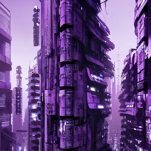 Image similar to Futuristic Concrete Dense Tokyo in style of Tsutomu Nihei in purple and black tones. ArtStation, Cyberpunk, vertical symmetry, 8K, Highly Detailed, Intricate, Album Art.