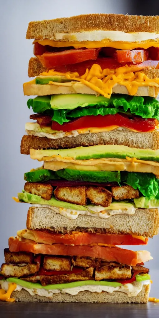 Image similar to the most tall sandwich with fried tofu, one red tomato slice, mayo, onion, avocado, melted cheddar, red dish, background : jupiter and stars in the sky