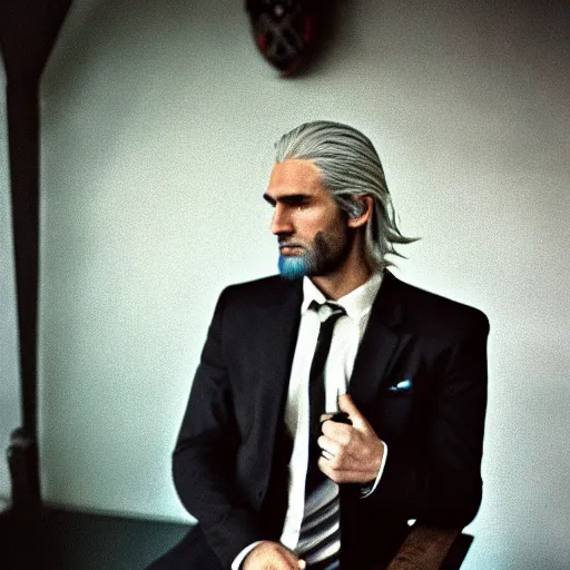 Prompt: photo of Geralt of Rivia wearing a suit and tie, cinestill, 800t, 35mm, full-HD