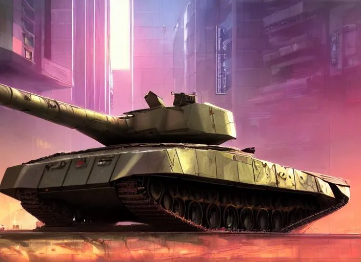 Prompt: An m1a3 abrams tank as a Cyberpunk 2077 loading screen, intricate, dystopian, sci-fi, extremely detailed, digital painting, artstation, concept art, smooth, sharp focus, illustration, intimidating lighting, incredible art by artgerm and greg rutkowski and alphonse mucha and simon stalenhag