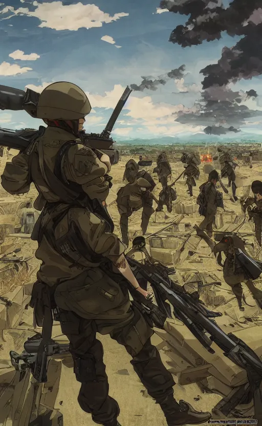 Image similar to anime style, modern warfare, panoramic view of girl under artillery fire, trench and sandbags in background, soldier clothing, hair down, symmetrical facial features, from arknights, wallpaper, trending pixiv, safebooru, volumetric modelling, think in 3 d, by alphonse mucha, greg rutkowski, sharp focus, backlit