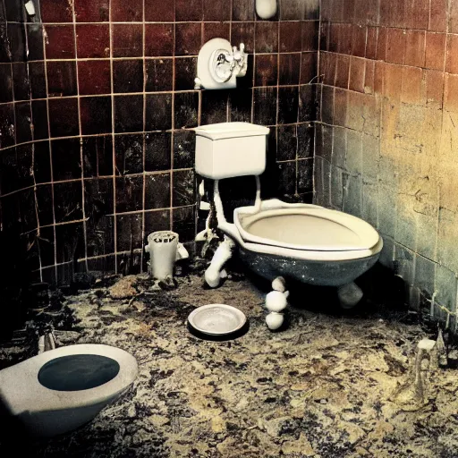 Prompt: hd photograph of a 1 9 6 0 s style home restroom, heavily soiled and damaged with age. the toilet bowl has broken and there is a thin layer of water covering the floor. in the bathtub there is a strange creature, made of liquid water, in the shape of a koifish.