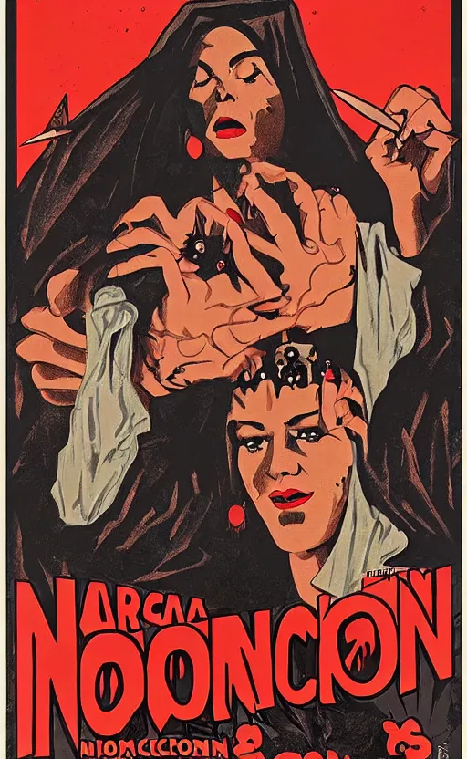 Image similar to 8 k cursed with necronomicon horrorcore cel animation poster depicting dominican woman with sharp nails, intricate faces, metropolis, 1 9 5 0 s movie poster, post - processing, vector art
