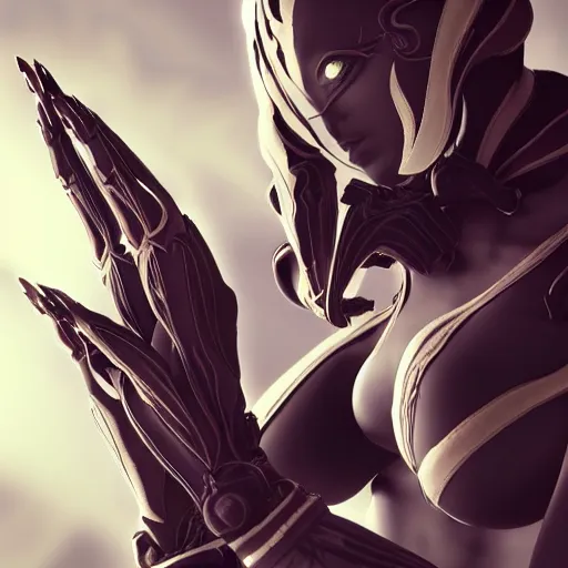 Image similar to beautiful intricate fanart of female warframe, stunning elegant pose, well designed hands, high quality, artstation, deviantart, furaffinity, octane render