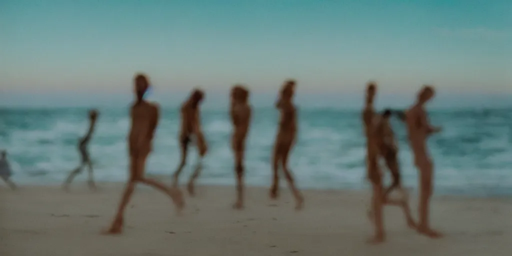 Prompt: blurry human figures on a beach, colourful, over exposure, sigma 8 5 mm, f 1. 8, photographed by uta barth,