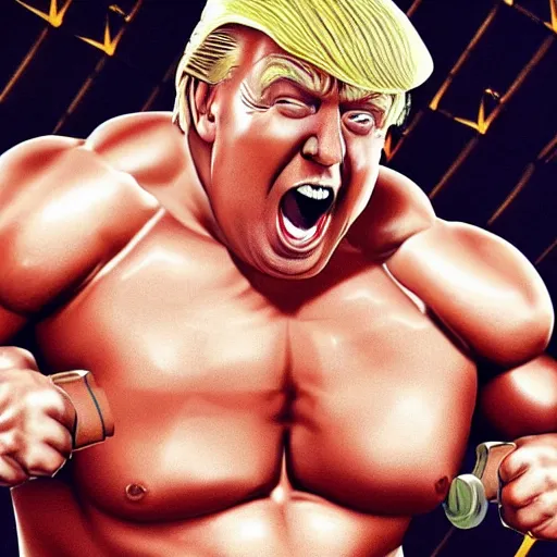 Image similar to extremely buff Donald Trump, steroids, testosterone, lifting weights, laughing, surrounded by women in swimsuits, trending on artstation, hyper realistic, golden hour