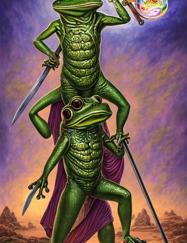 Prompt: anthropomorphic bipedal frog that is wearing full steel plate armor, and holding a colossal sword in his hand, as a matte oil painting and d & d character art, by alex grey, standing, fullbody, floating bubbles, psychedelic, award - winning, extremely detailed, sharp focus