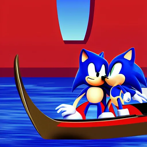 Image similar to Sonic the Hedgehog and Shadow the Hedgehog in a gondola in Venice, moonlit sky, romantic, award winning