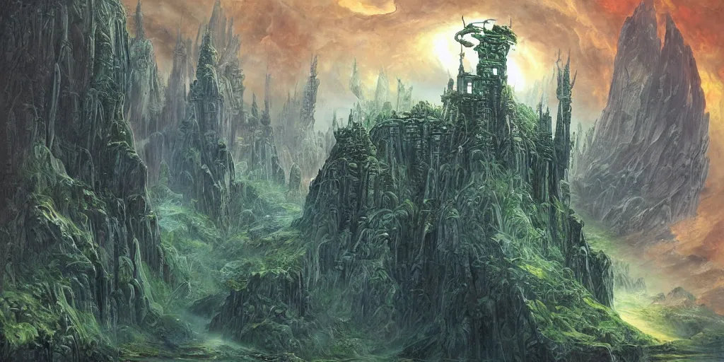 Prompt: side tower on dark evil malachite stronghold, flying under outer world forrest, rivers and lakes, art by Dmitry Dubinsky