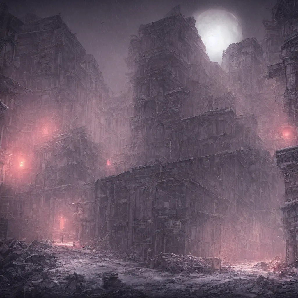 Prompt: a ruined city in the style of aetherpunk, a snowy street, huge red moon, global illumination, smoke, detailed and intricate environment, mysterious