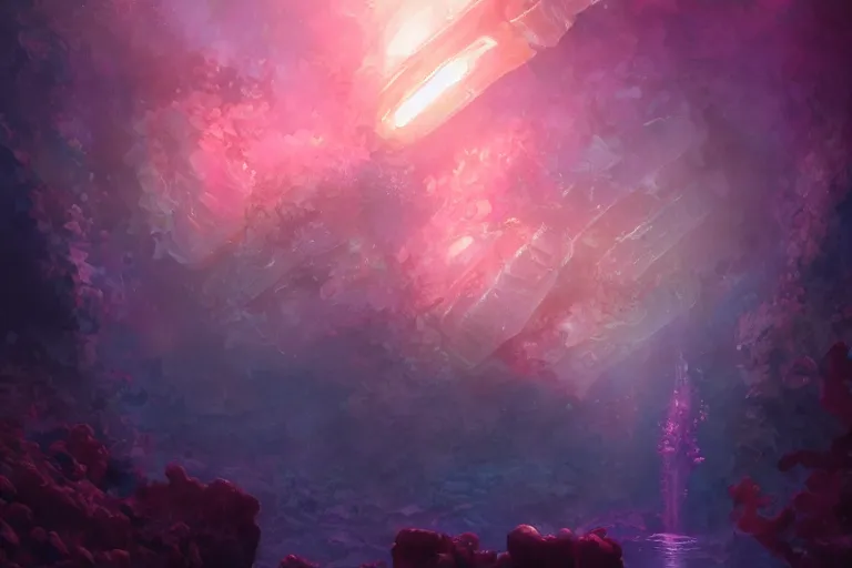 Image similar to beautiful coral crystals, distinct pink orange purple colors, underwater crystal caverns, concept art, beautiful lights, d & d, fantasy, highly detailed, masterpiece, volumetric lighting, digital painting, artstation, smooth, sharp focus, illustration, art by artgerm, by greg rutkowski