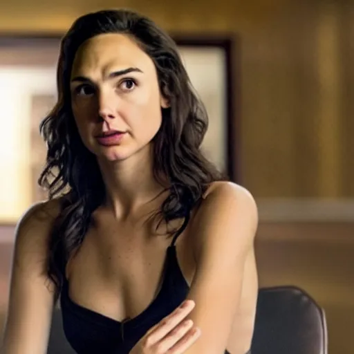 Prompt: still of gal gadot as female tony soprano in remake of the sopranos, in a meeting at the bada bing!,