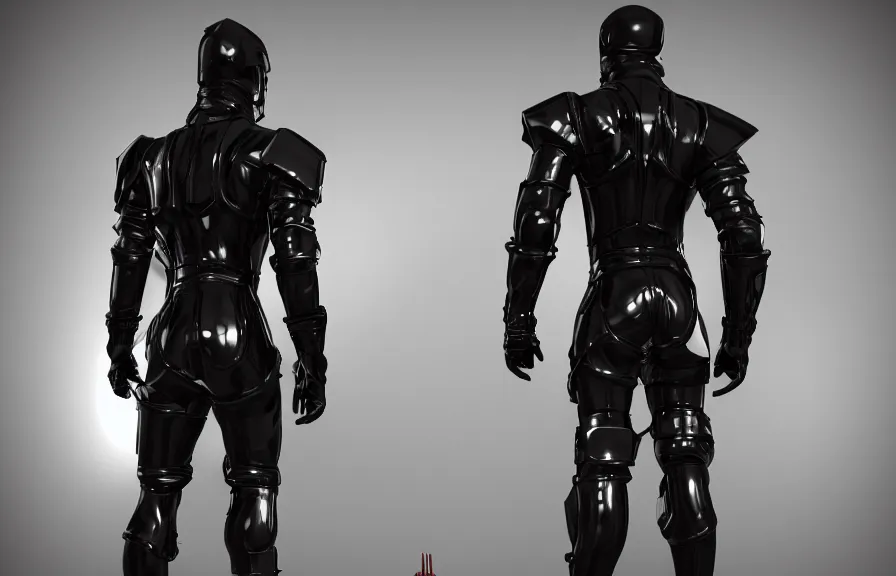 Image similar to futuristic warrior with black latex, with his back to the viewer, futuristic latex armor, back light, full body view, 8 k, 3 d render, cinematic lighting