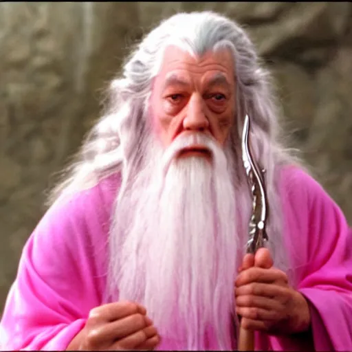 Image similar to gandalf wearing pink robes and a hello kitty hair clip, movie still from the lord of the rings