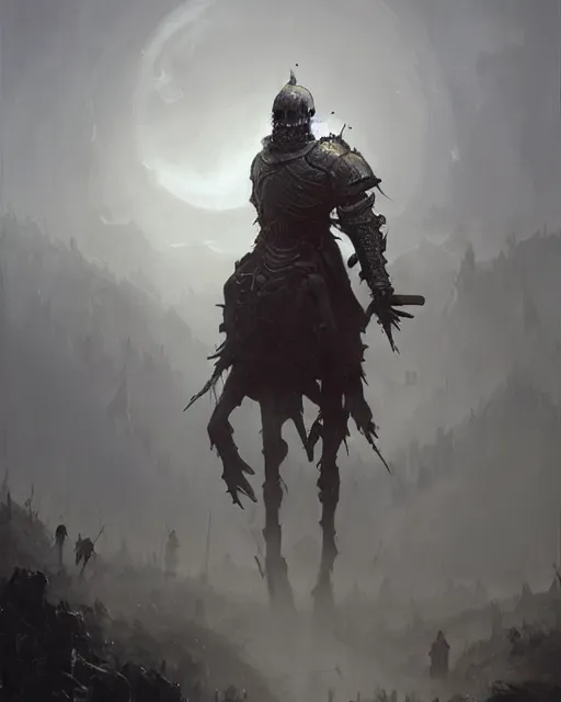 Image similar to Hyper realistic oil painting of an undead knight, knight in the foreground, fog, volumetric lighting, nighttime, moonlight, creepy, by greg rutkowski