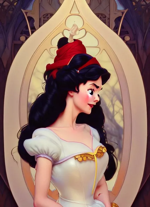 Image similar to portrait of disney snow white, intricate, elegant, highly detailed, my rendition, digital painting, artstation, concept art, smooth, sharp focus, illustration, art by artgerm and greg rutkowski and alphonse mucha and uang guangjian and gil elvgren and sachin teng, symmetry!!