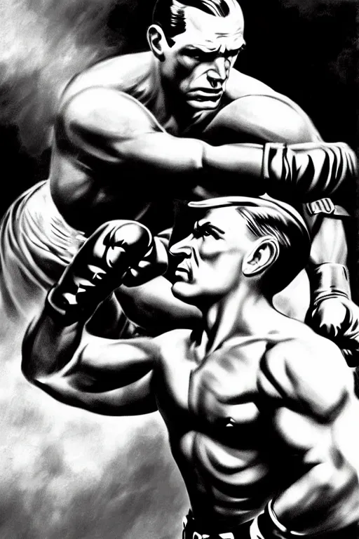 Prompt: vintage photograph of doc savage punching hitler clear detail, photorealistic, hd, 8 k resolution, award winning photo, epic digital art