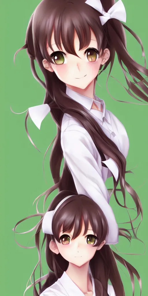 Image similar to beautiful anime high school girl, complete body view, brown hair, ponytail, white ribbon, green eyes, full perfect face, slightly smiling, detailed background, drawn by Artgerm, Sasoura, Satchely, no distorsion