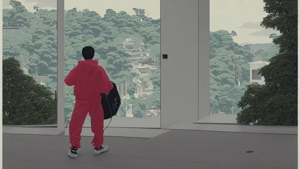 Prompt: I looked out the window and saw some chav carrying my mobile and contents of my bag. He was wearing a white tracksuit jacket , screen print by Kawase Hasui and dan hillier, rendered in octane render 32k