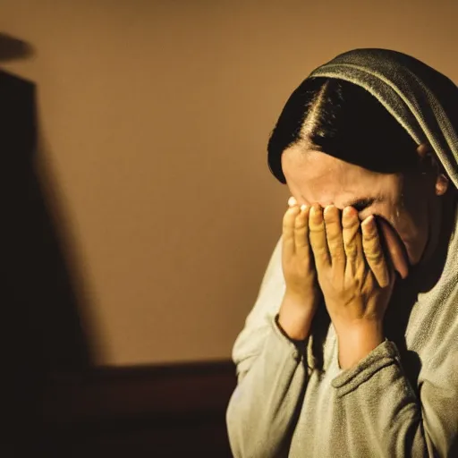 Prompt: 55mm photo of a shrouded sobbing woman praying the rosary