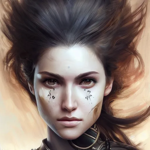 Image similar to a full-face portrait of an attractive young woman, clothed in battle armor, olive skin, long dark hair, beautiful bone structure, symmetrical facial features, intricate, elegant, highly detailed, digital painting, trending on Artstation, concept art, smooth, sharp focus, illustration, from Metal Gear by Ruan Jia and Mandy Jurgens and Artgerm and and william-adolphe bouguerea, award winning