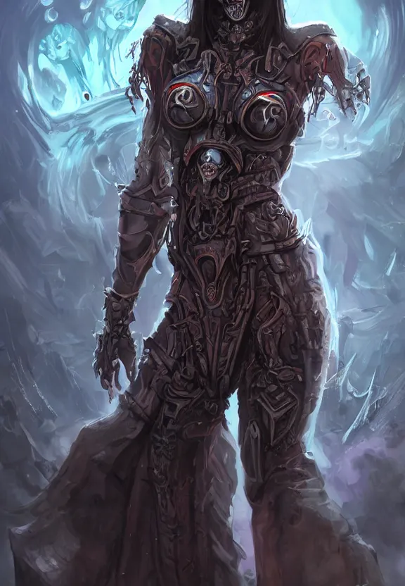 Image similar to mad necromancer girl concept art, liquid armour, glowing eyes, slavic pattern, symmetrical, rule of three, detailed body, full body, detailed face, ultradetailed digital illustration, 8 k, epic atmosphere, digital art by simon cowell and rachel walpole